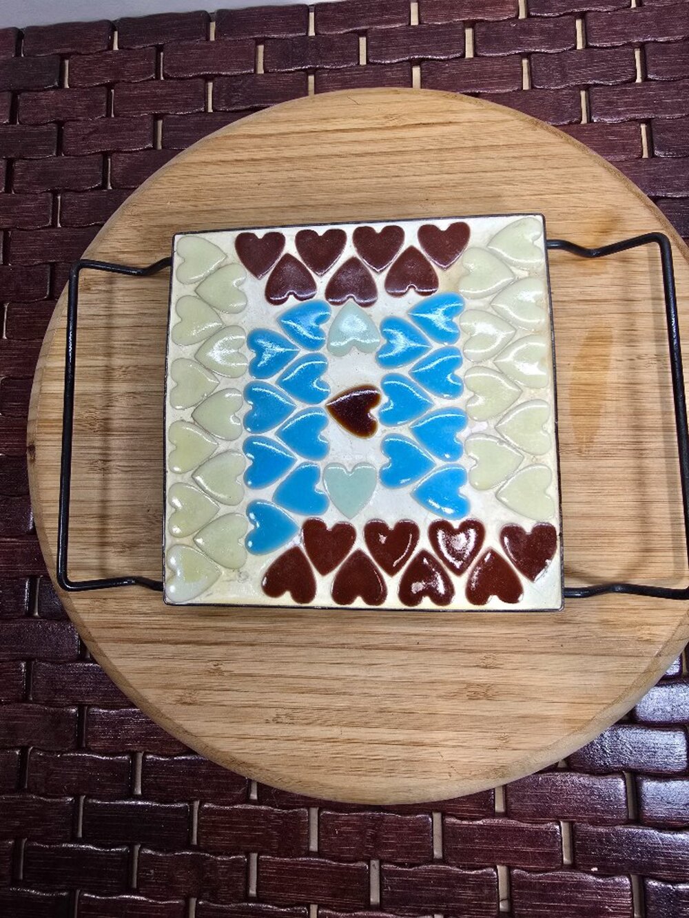 Handmade Hotplate / Trivet Porcelain Tile Hearts, Mid Century Modern, Wire Stand
